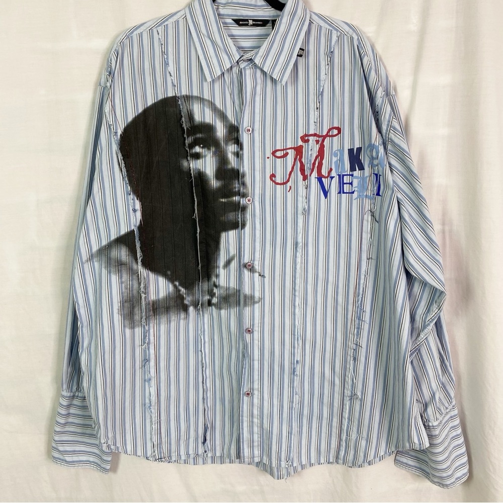 Makaveli Branded Striped Tupac Rose Concrete Y2K Button Up Shirt 3XL